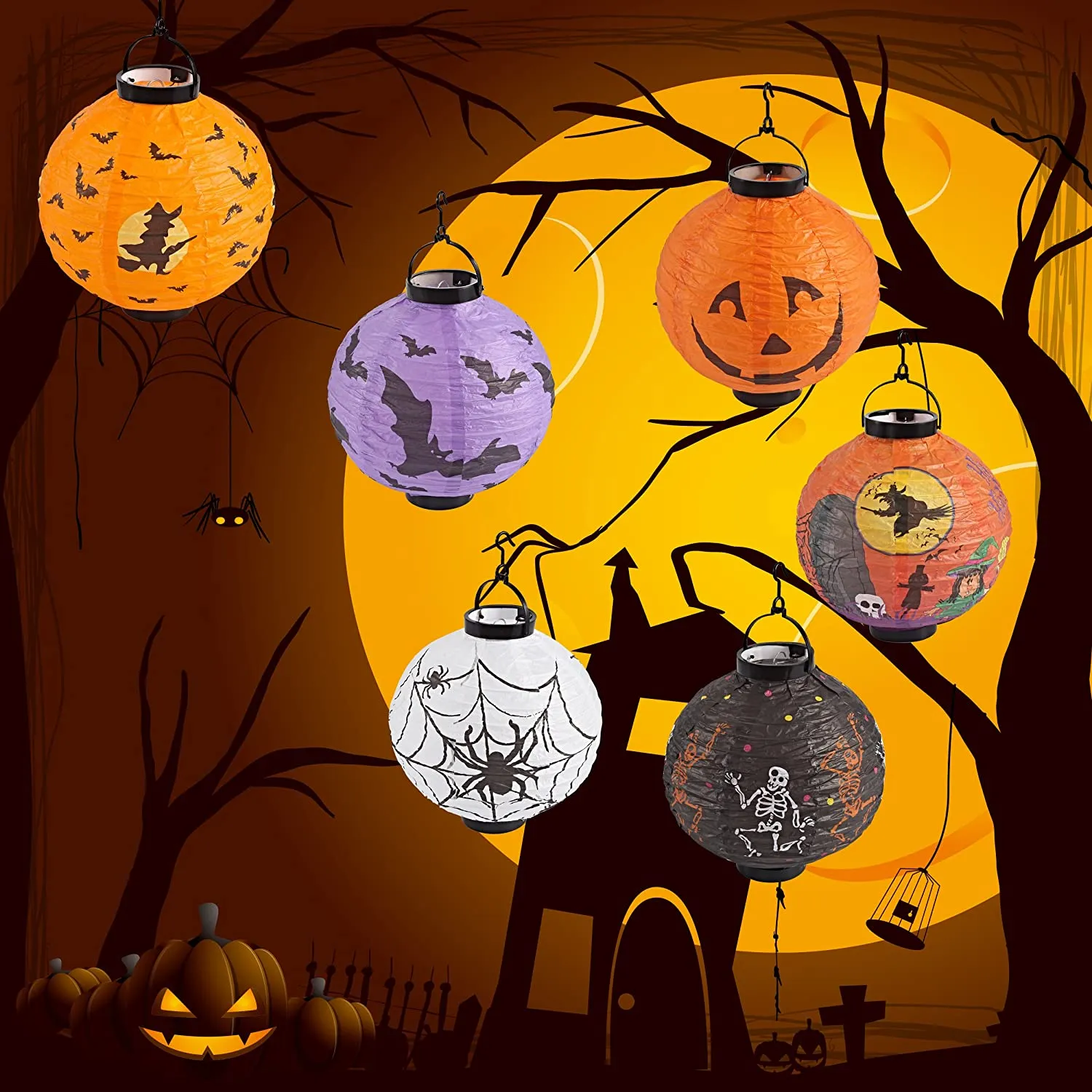 10in Paper Lanterns with LED Light and Different Styles, 8 Pack