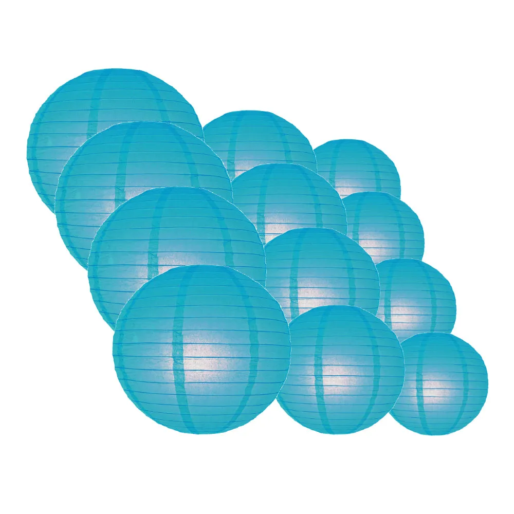 12-PC Turquoise Paper Lantern Chinese Hanging Wedding & Party Assorted Decoration Set, 12/10/8-Inch