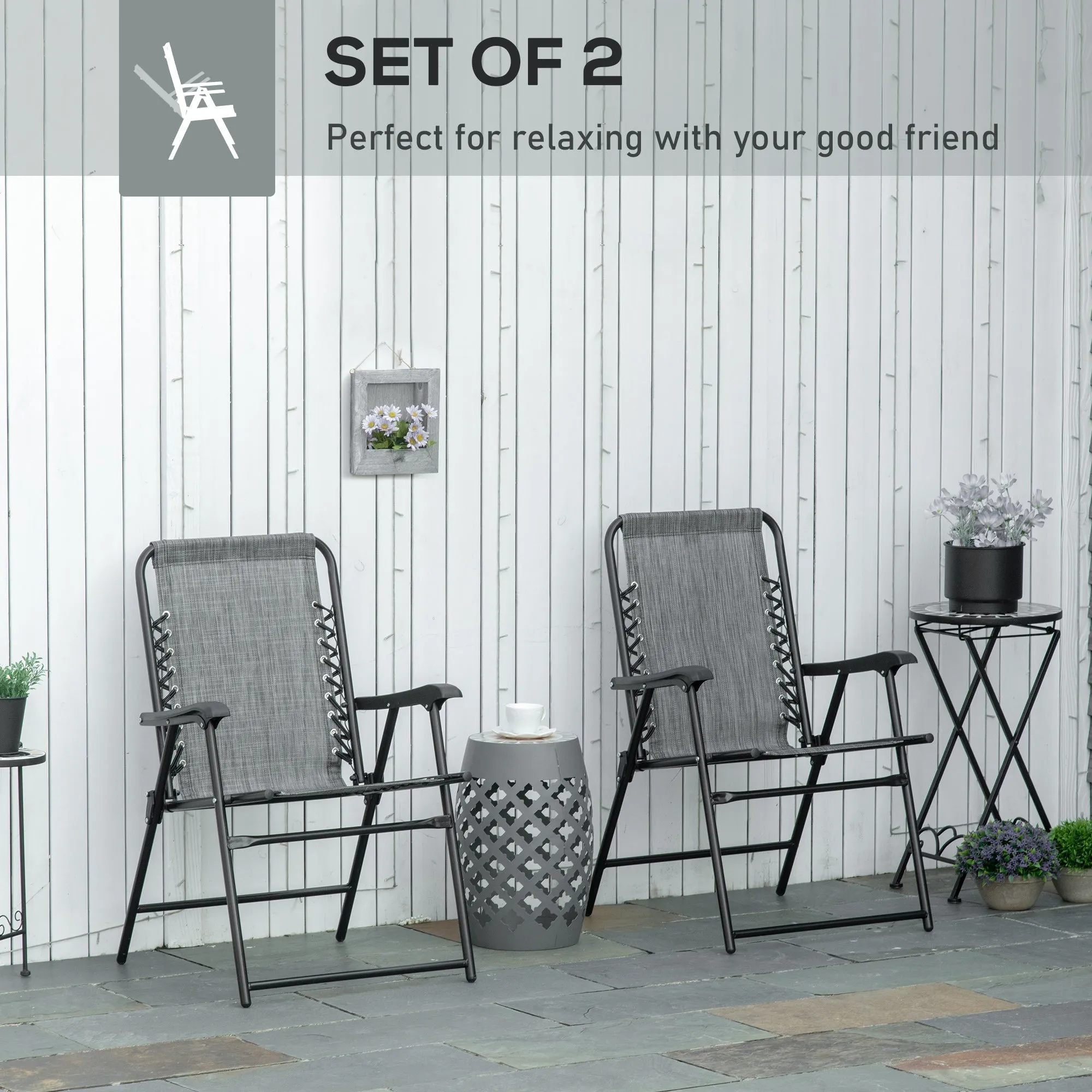 2-Piece Foldable Chair Set Outdoor Portable Loungers for Camping Pool Beach Deck Lawn Chairs with Armrest Steel Frame Grey