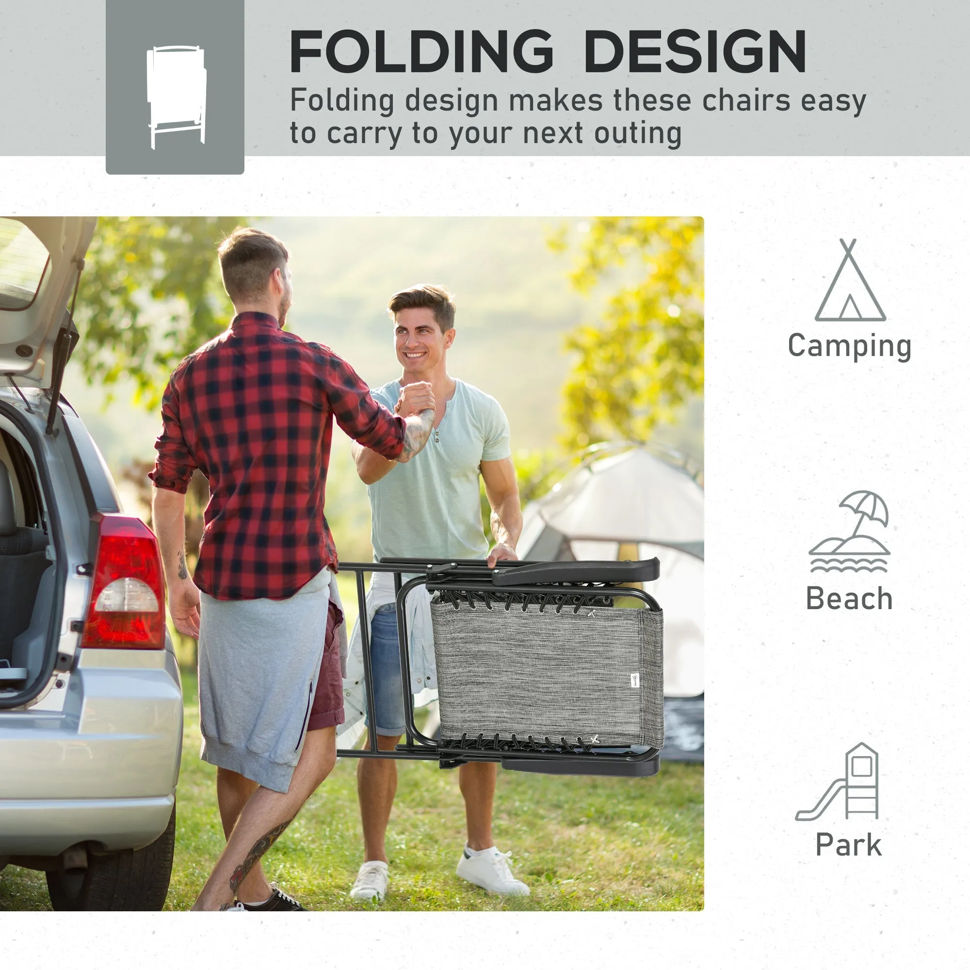 2-Piece Foldable Chair Set Outdoor Portable Loungers for Camping Pool Beach Deck Lawn Chairs with Armrest Steel Frame Grey