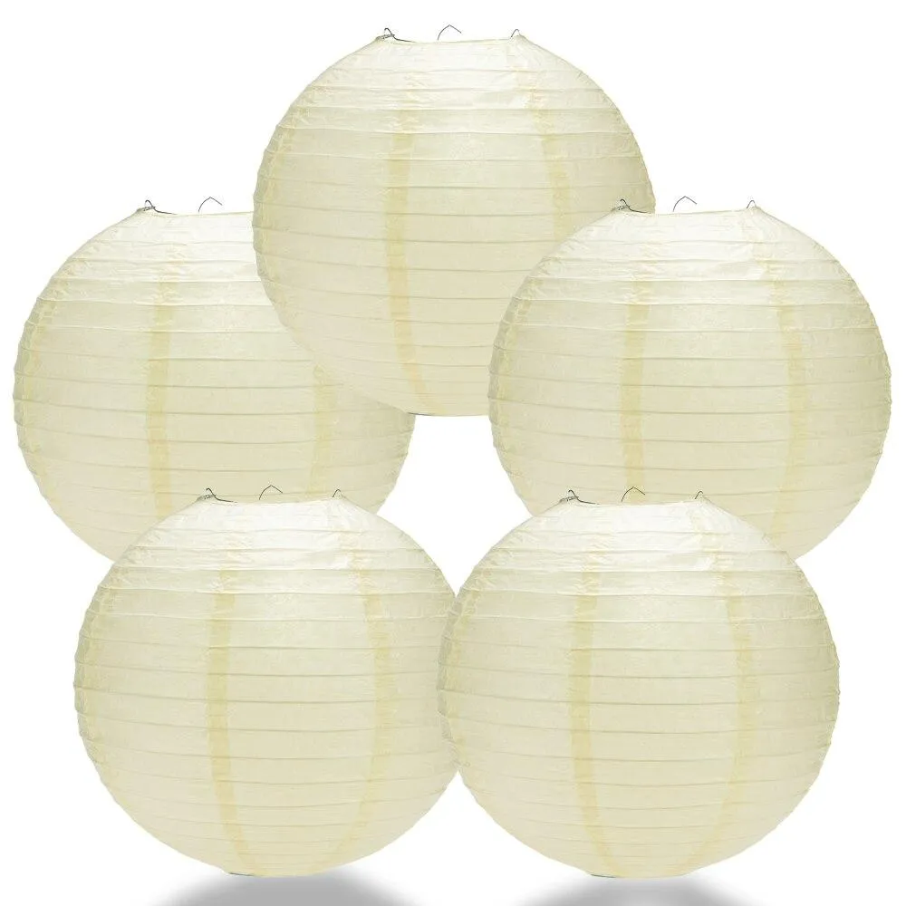 5-PACK 20" Ivory Round Paper Lantern, Even Ribbing, Chinese Hanging Wedding & Party Decoration