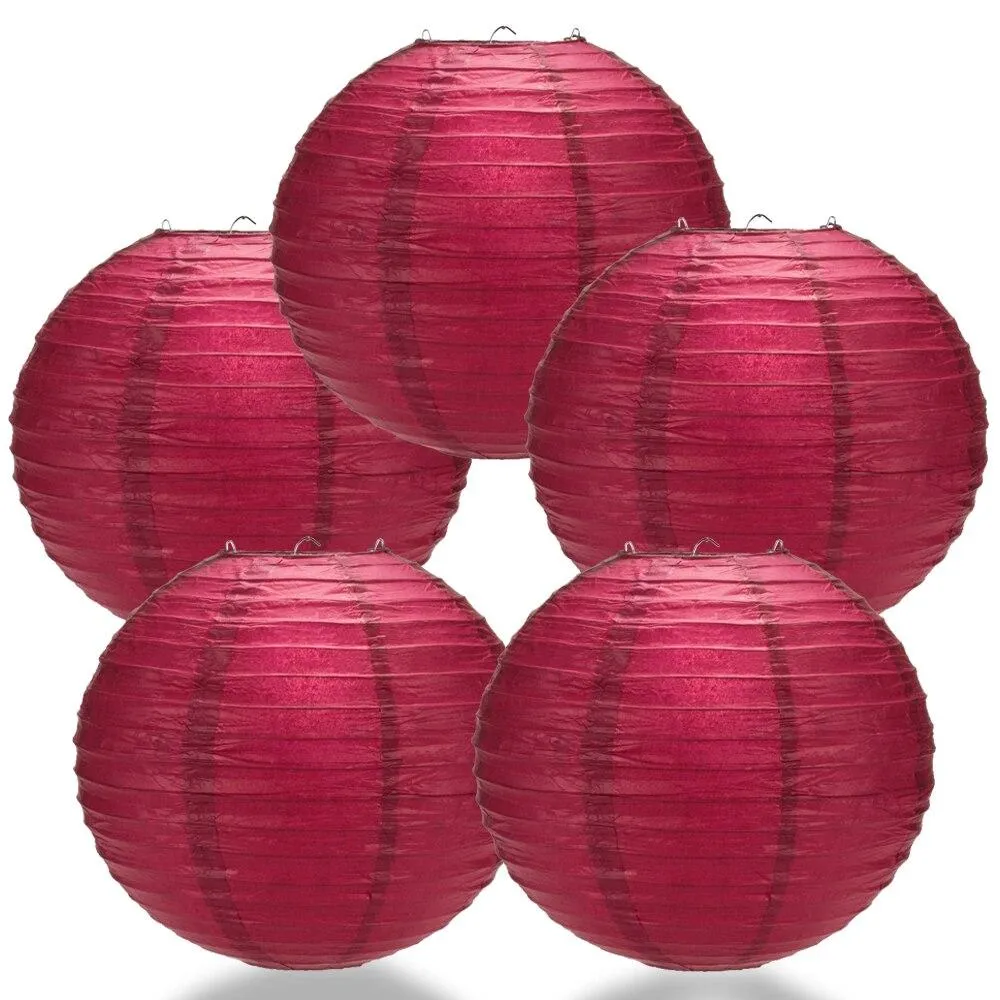 5-PACK 24" Velvet Red Round Paper Lantern, Even Ribbing, Chinese Hanging Wedding & Party Decoration