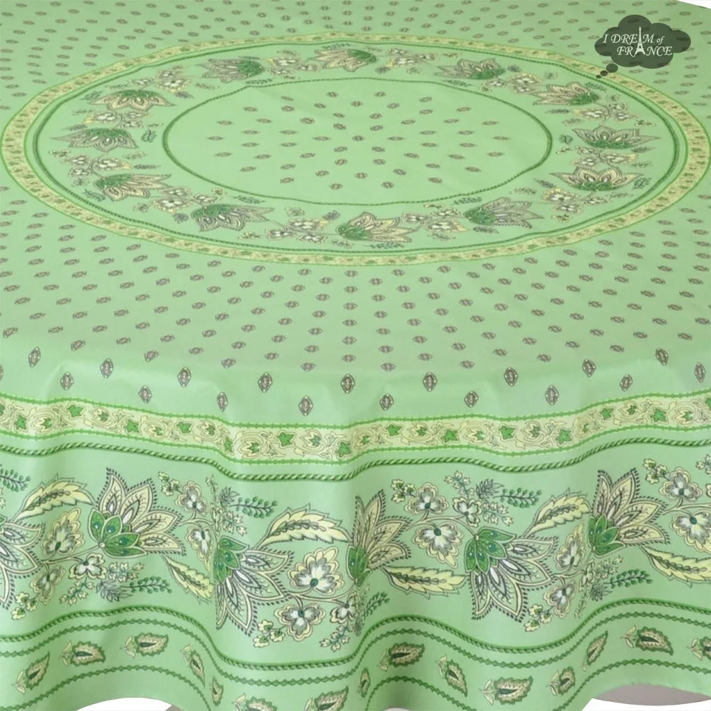 70" Round Lisa Pistachio Acrylic-Coated Cotton French Country Tablecloths by Le Cluny