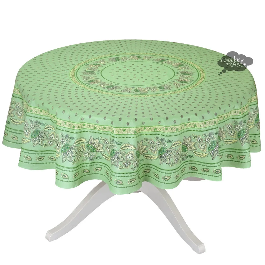 70" Round Lisa Pistachio Acrylic-Coated Cotton French Country Tablecloths by Le Cluny