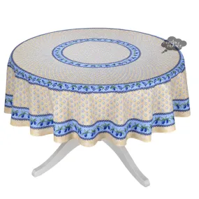 70" Round Monaco Beige & Blue Acrylic-Coated Cotton Provence Tablecloth by Le Cluny
