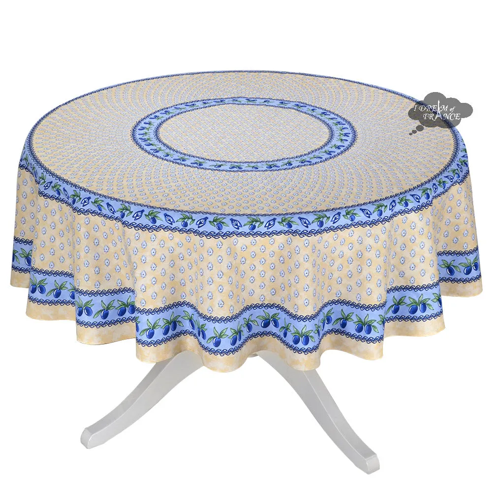 70" Round Monaco Beige & Blue Acrylic-Coated Cotton Provence Tablecloth by Le Cluny