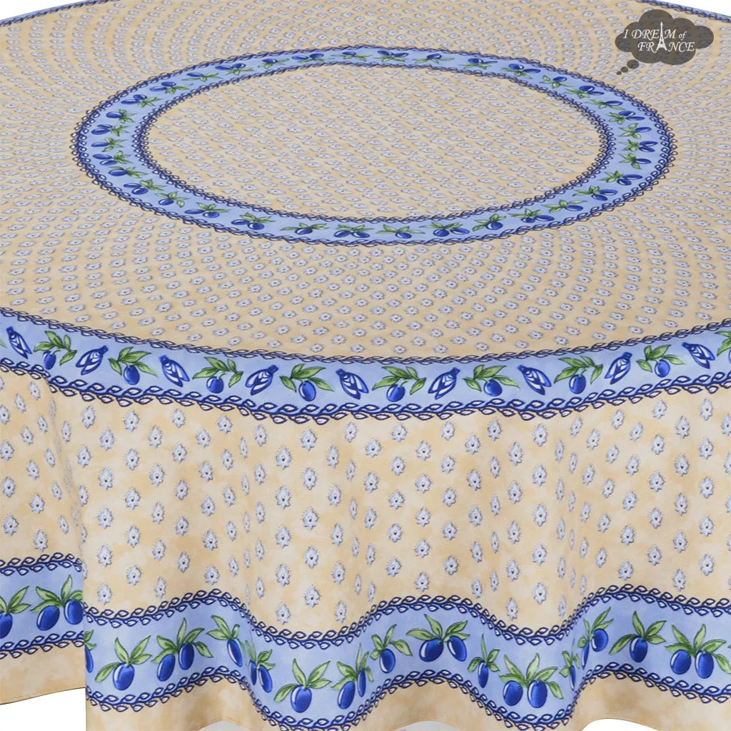 70" Round Monaco Beige & Blue Acrylic-Coated Cotton Provence Tablecloth by Le Cluny