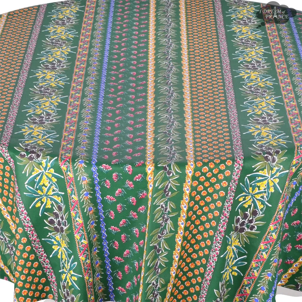 70" Round Olives Green Striped Acrylic-Coated Cotton Provence Tablecloth by Le Cluny