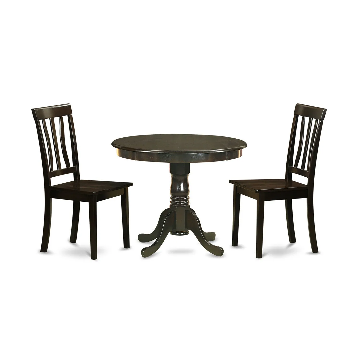 East West Furniture ANTI3-CAP-W 3 Piece Dining Set Contains a Round Kitchen Table with Pedestal and 2 Dining Chairs, 36x36 Inch, Cappuccino