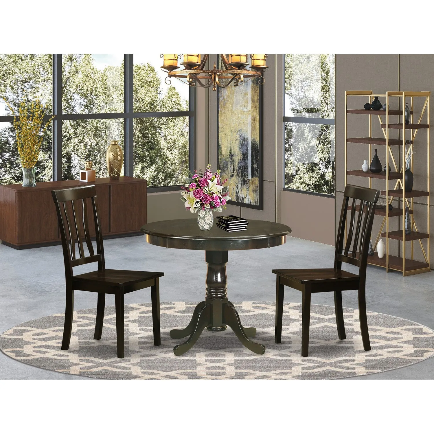 East West Furniture ANTI3-CAP-W 3 Piece Dining Set Contains a Round Kitchen Table with Pedestal and 2 Dining Chairs, 36x36 Inch, Cappuccino