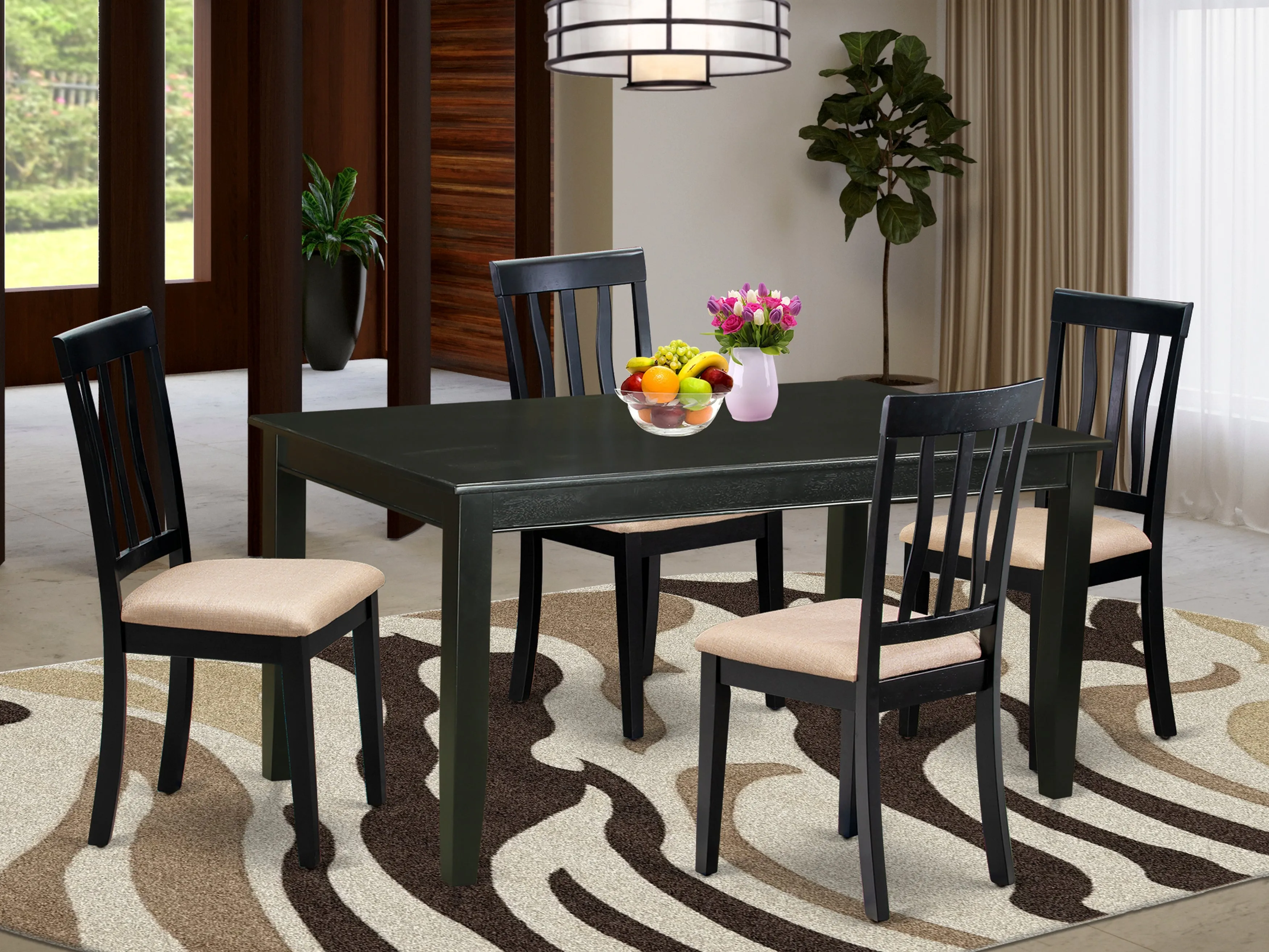 East West Furniture DUAN5-BLK-C 5 Piece Dining Room Furniture Set Includes a Rectangle Kitchen Table and 4 Linen Fabric Upholstered Dining Chairs, 36x60 Inch, Black