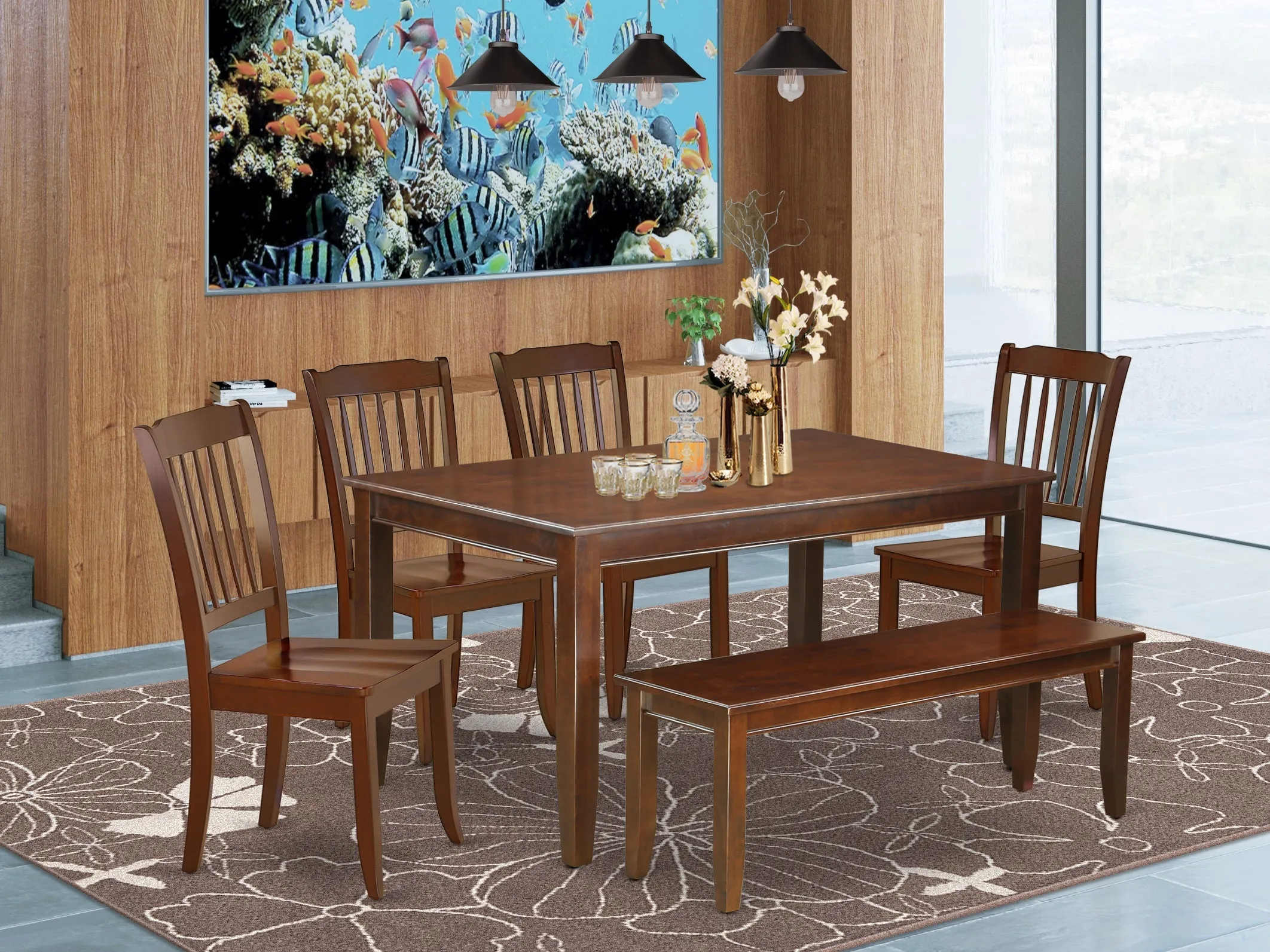 East West Furniture DUDA6-MAH-W 6 Piece Dining Table Set Contains a Rectangle Kitchen Table and 4 Dining Chairs with a Bench, 36x60 Inch, Mahogany