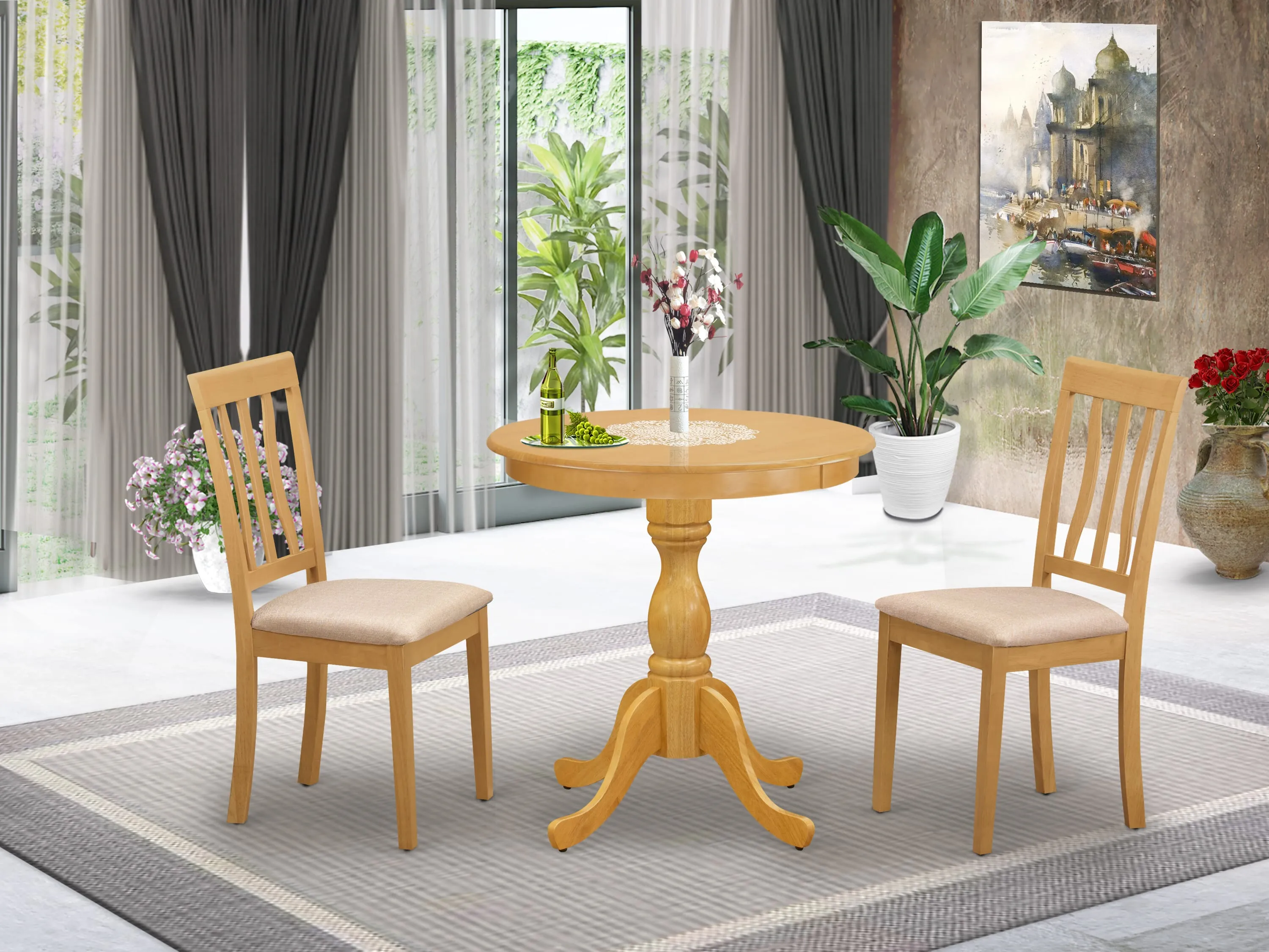East West Furniture ESAN3-OAK-C 3 Piece Kitchen Table & Chairs Set Contains a Round Dining Room Table with Pedestal and 2 Linen Fabric Upholstered Chairs, 30x30 Inch, Oak
