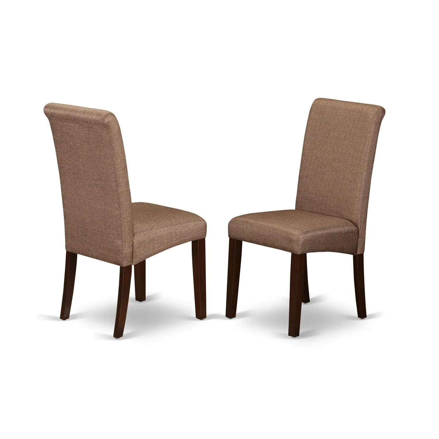 East West Furniture ESBA3-MAH-18 3 Piece Kitchen Table Set Contains a Round Dining Room Table with Pedestal and 2 Brown Linen Linen Fabric Parson Dining Chairs, 30x30 Inch, Mahogany