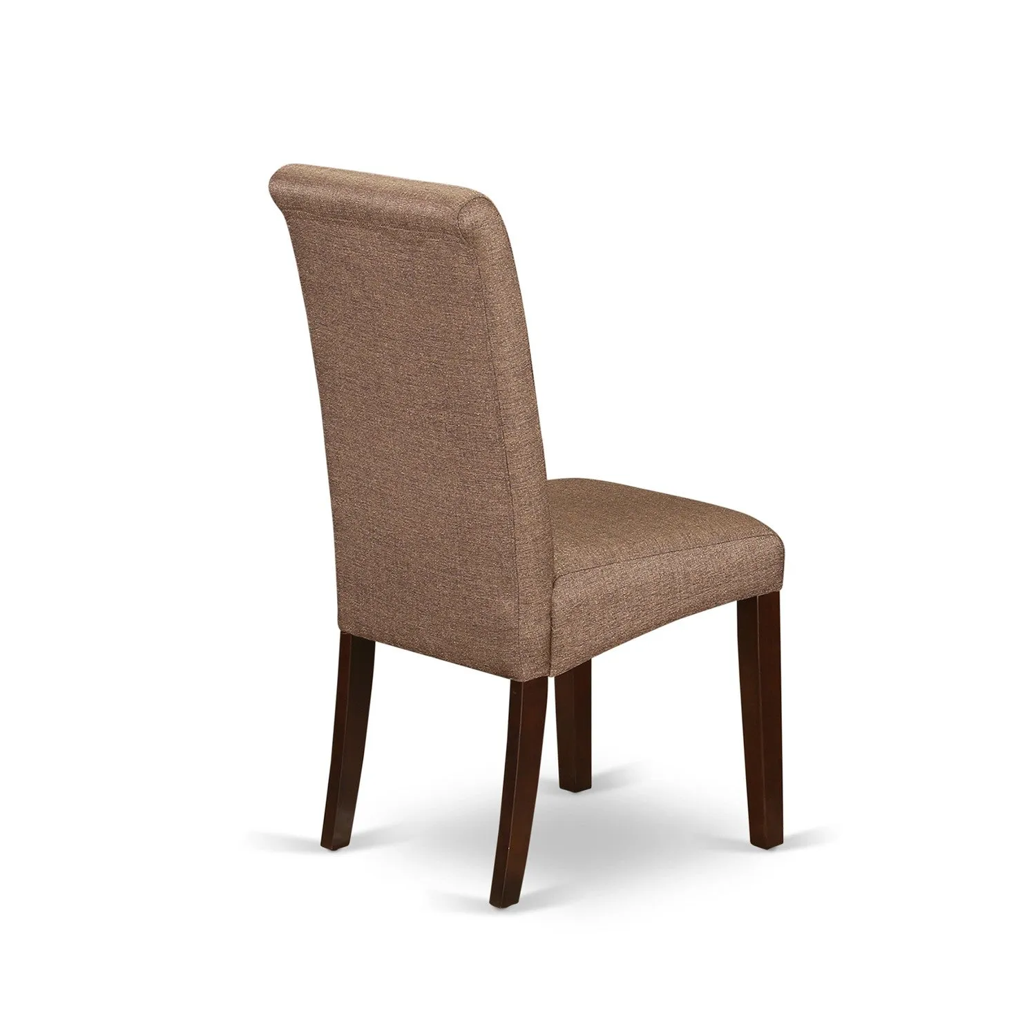 East West Furniture ESBA3-MAH-18 3 Piece Kitchen Table Set Contains a Round Dining Room Table with Pedestal and 2 Brown Linen Linen Fabric Parson Dining Chairs, 30x30 Inch, Mahogany