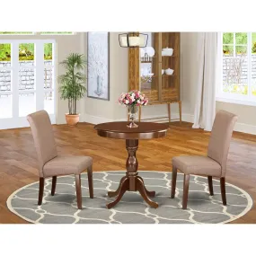 East West Furniture ESBA3-MAH-18 3 Piece Kitchen Table Set Contains a Round Dining Room Table with Pedestal and 2 Brown Linen Linen Fabric Parson Dining Chairs, 30x30 Inch, Mahogany