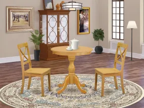 East West Furniture ESBO3-OAK-W 3 Piece Dining Set Contains a Round Dining Room Table with Pedestal and 2 Wood Seat Chairs, 30x30 Inch, Oak