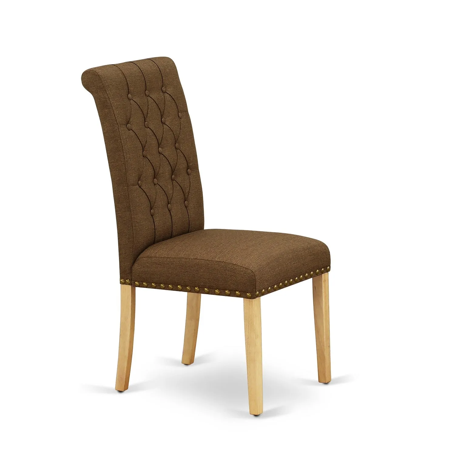 East West Furniture ESBR3-OAK-18 3 Piece Kitchen Table & Chairs Set Contains a Round Dining Room Table with Pedestal and 2 Brown Linen Linen Fabric Parsons Chairs, 30x30 Inch, Oak