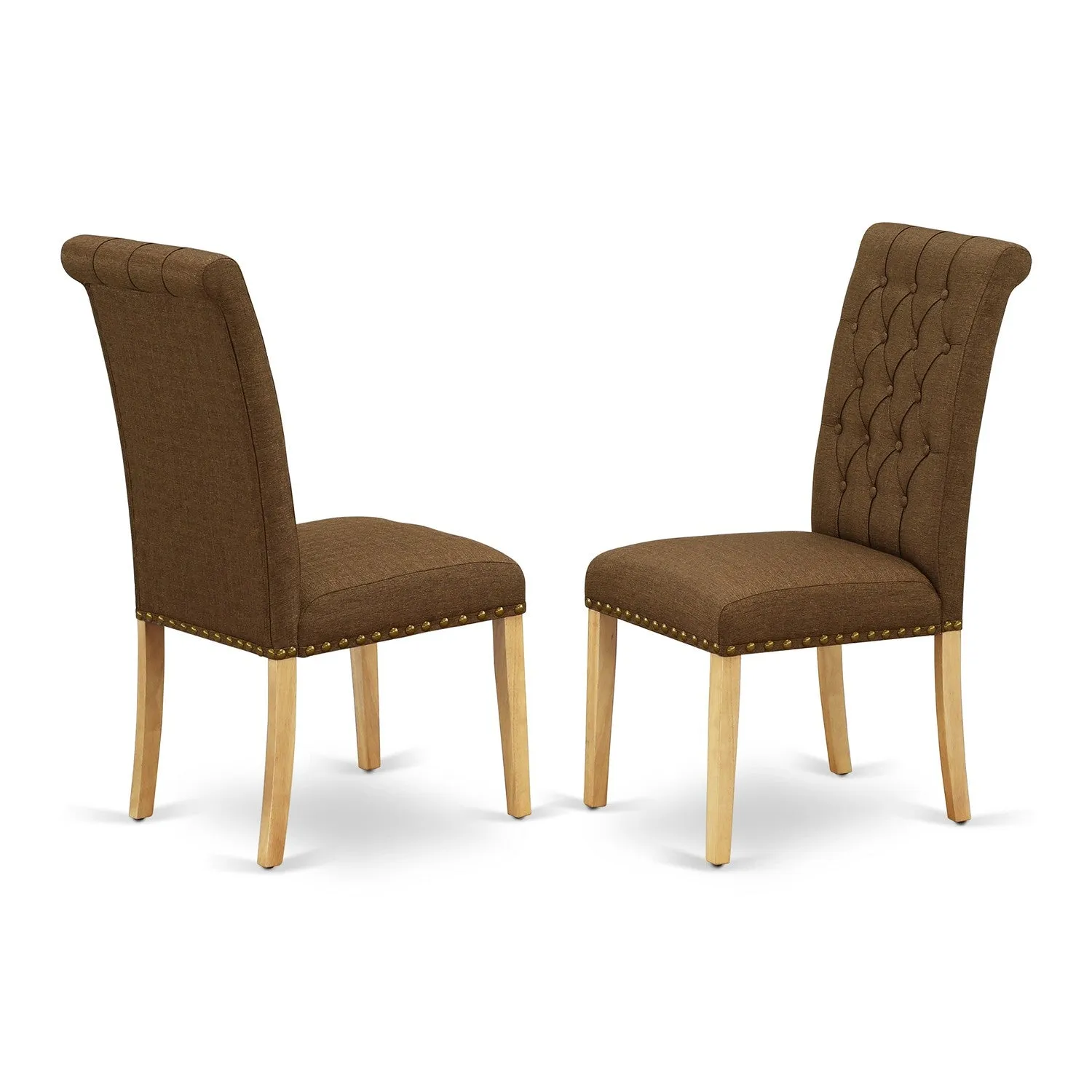 East West Furniture ESBR3-OAK-18 3 Piece Kitchen Table & Chairs Set Contains a Round Dining Room Table with Pedestal and 2 Brown Linen Linen Fabric Parsons Chairs, 30x30 Inch, Oak