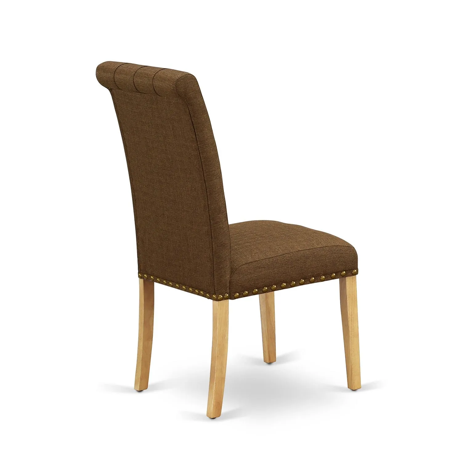 East West Furniture ESBR3-OAK-18 3 Piece Kitchen Table & Chairs Set Contains a Round Dining Room Table with Pedestal and 2 Brown Linen Linen Fabric Parsons Chairs, 30x30 Inch, Oak