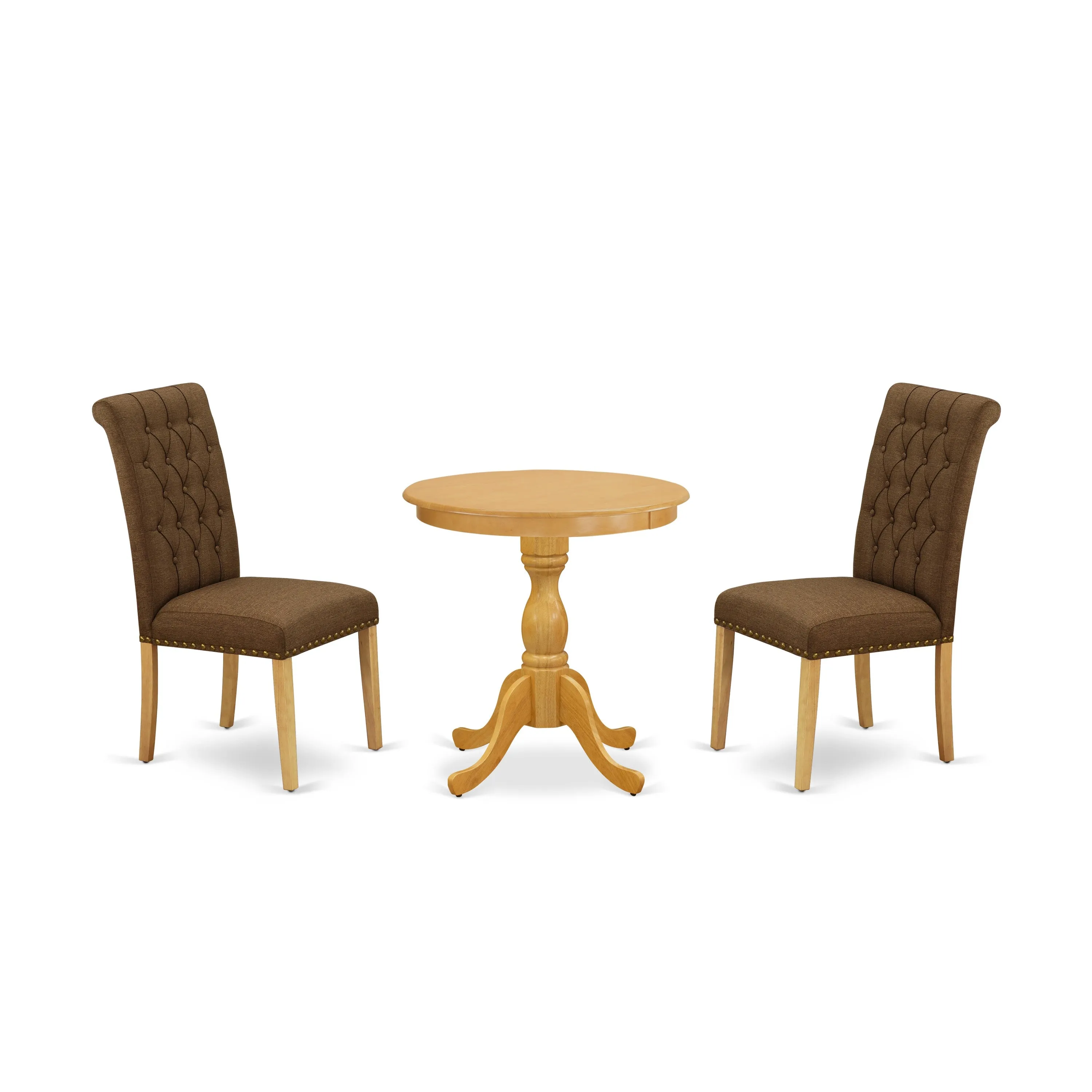 East West Furniture ESBR3-OAK-18 3 Piece Kitchen Table & Chairs Set Contains a Round Dining Room Table with Pedestal and 2 Brown Linen Linen Fabric Parsons Chairs, 30x30 Inch, Oak