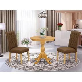 East West Furniture ESBR3-OAK-18 3 Piece Kitchen Table & Chairs Set Contains a Round Dining Room Table with Pedestal and 2 Brown Linen Linen Fabric Parsons Chairs, 30x30 Inch, Oak