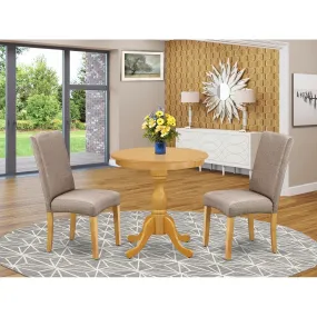 East West Furniture ESDR3-OAK-16 3 Piece Kitchen Table Set Contains a Round Dining Room Table with Pedestal and 2 Dark Khaki Linen Fabric Upholstered Chairs, 30x30 Inch, Oak
