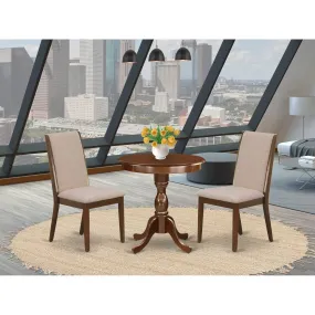 East West Furniture ESLA3-MAH-04 3 Piece Kitchen Table & Chairs Set Contains a Round Dining Room Table with Pedestal and 2 Light Tan Linen Fabric Parsons Chairs, 30x30 Inch, Mahogany