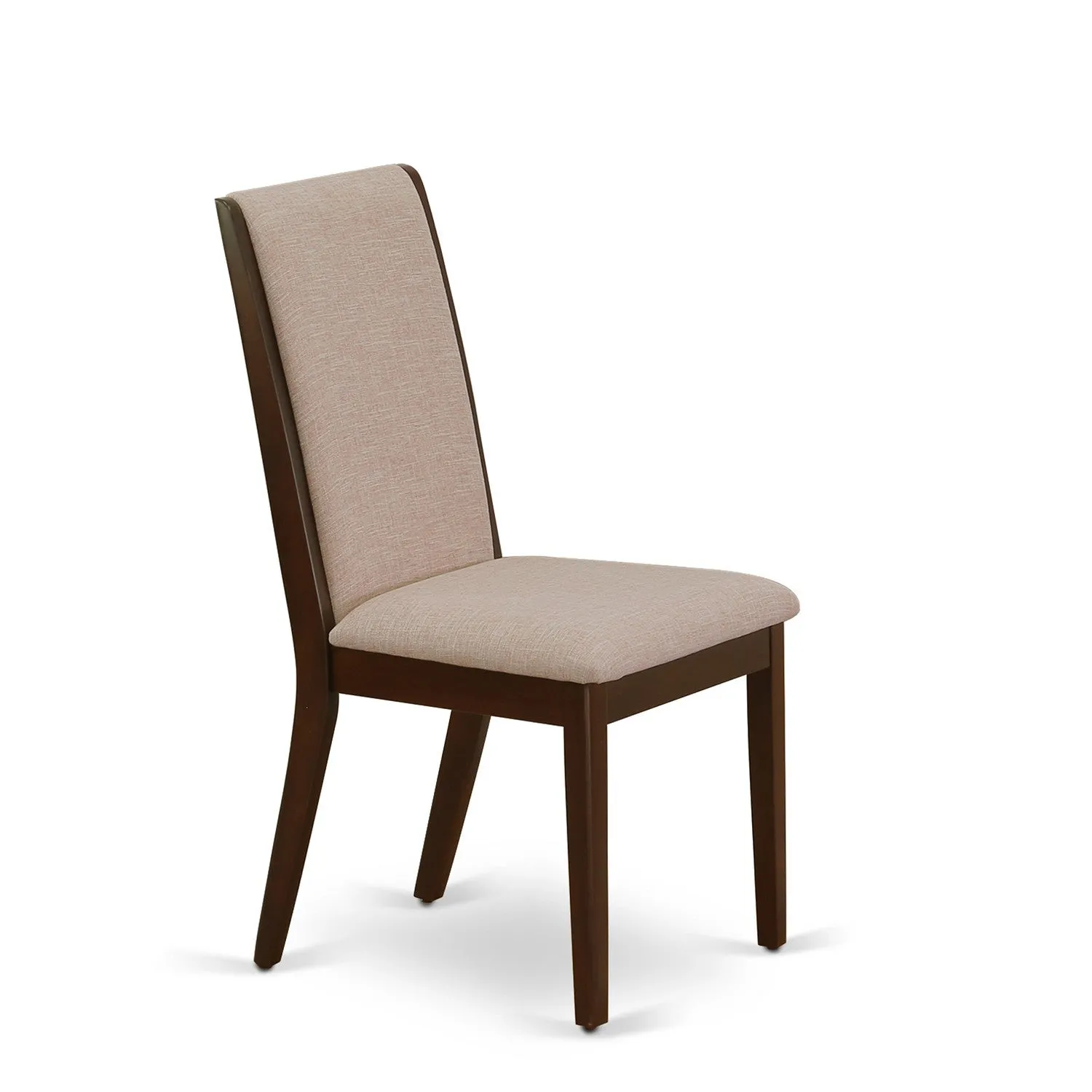 East West Furniture ESLA3-MAH-04 3 Piece Kitchen Table & Chairs Set Contains a Round Dining Room Table with Pedestal and 2 Light Tan Linen Fabric Parsons Chairs, 30x30 Inch, Mahogany