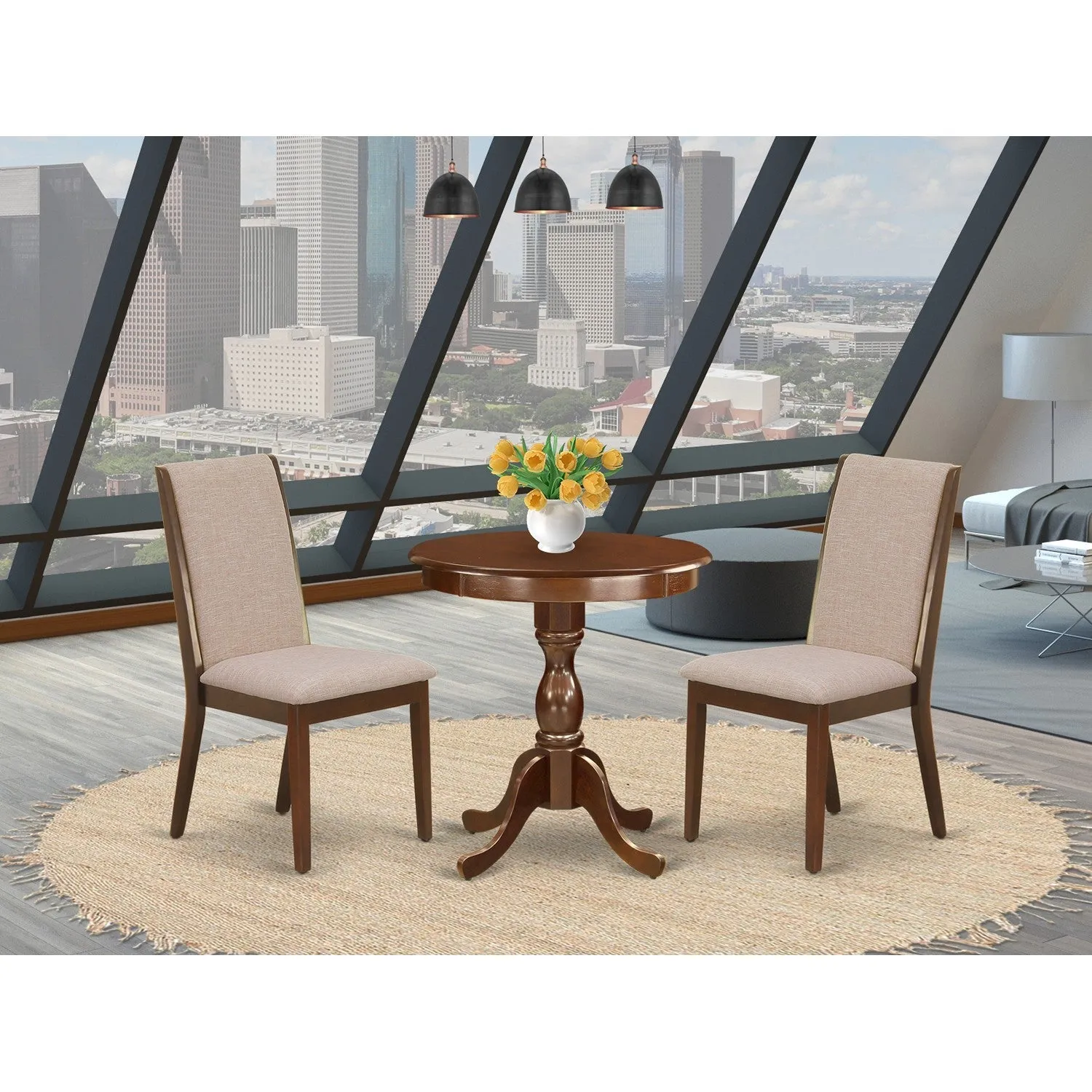 East West Furniture ESLA3-MAH-04 3 Piece Kitchen Table & Chairs Set Contains a Round Dining Room Table with Pedestal and 2 Light Tan Linen Fabric Parsons Chairs, 30x30 Inch, Mahogany