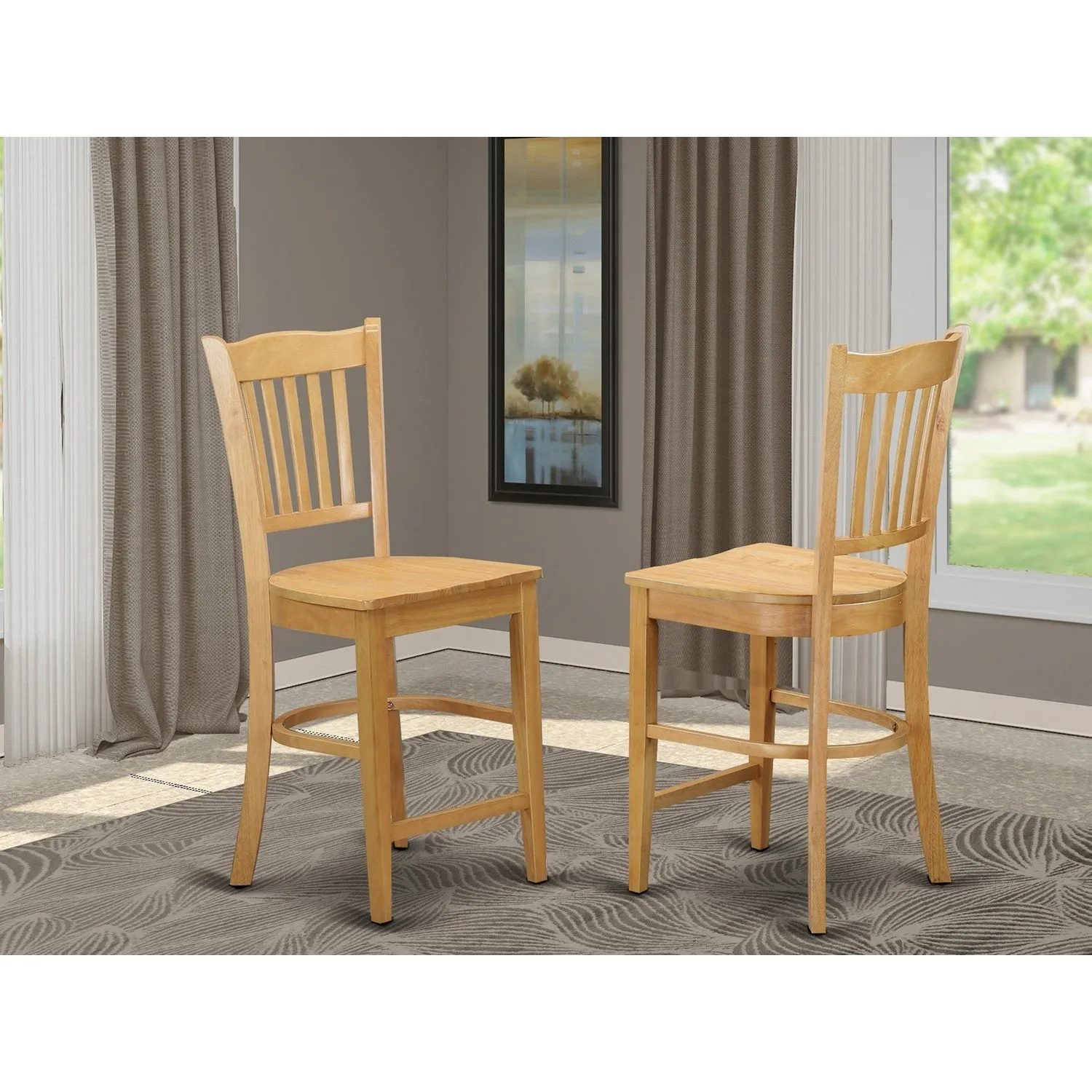 East West Furniture GRS-OAK-W Groton Counter Height Stools - Slat Back Wood Seat Chairs, Set of 2, Oak