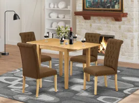 East West Furniture NDBR5-OAK-18 5 Piece Dining Table Set for 4 Includes a Rectangle Kitchen Table with Dropleaf and 4 Brown Linen Linen Fabric Upholstered Chairs, 30x48 Inch, Oak