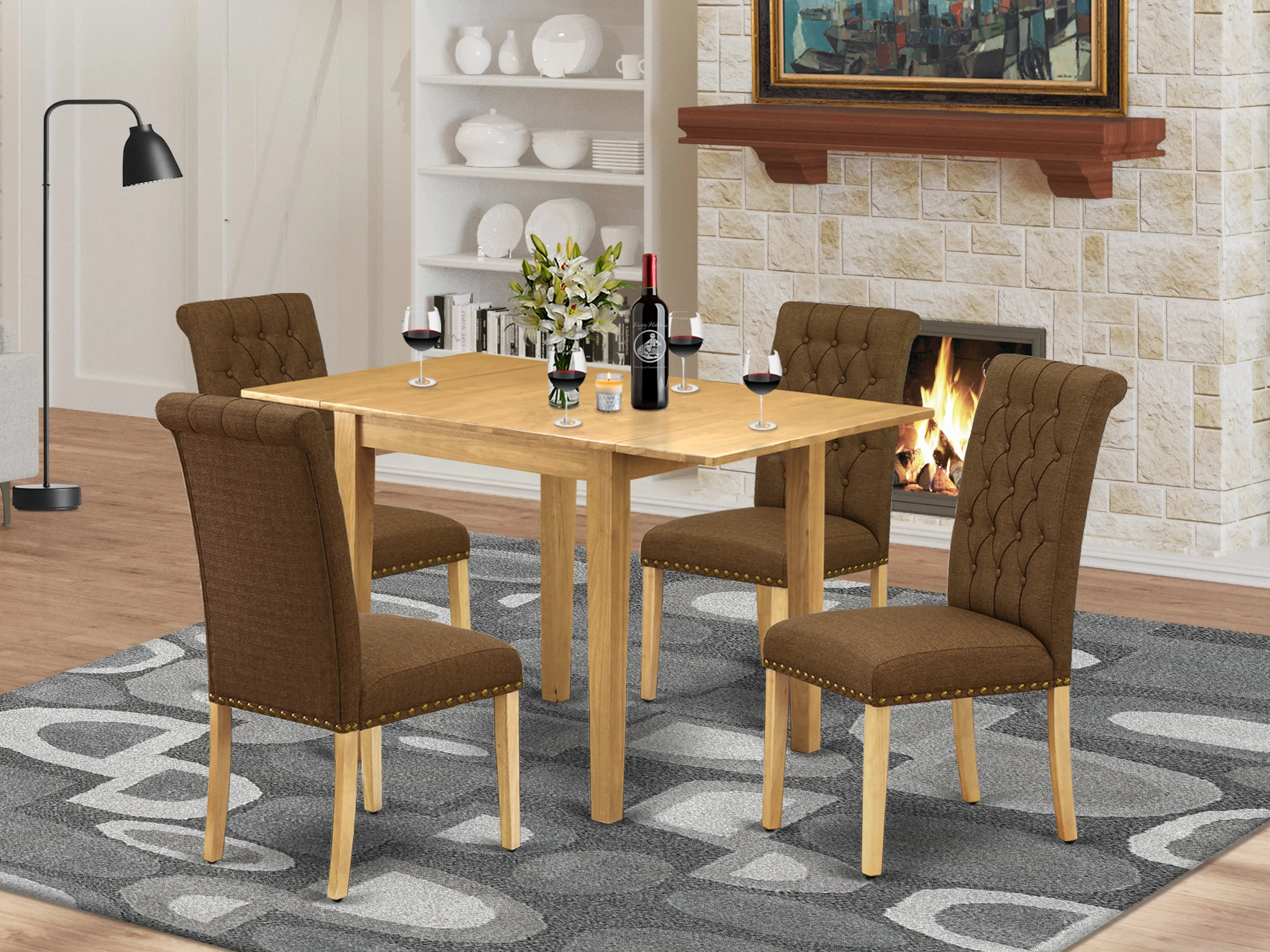 East West Furniture NDBR5-OAK-18 5 Piece Dining Table Set for 4 Includes a Rectangle Kitchen Table with Dropleaf and 4 Brown Linen Linen Fabric Upholstered Chairs, 30x48 Inch, Oak