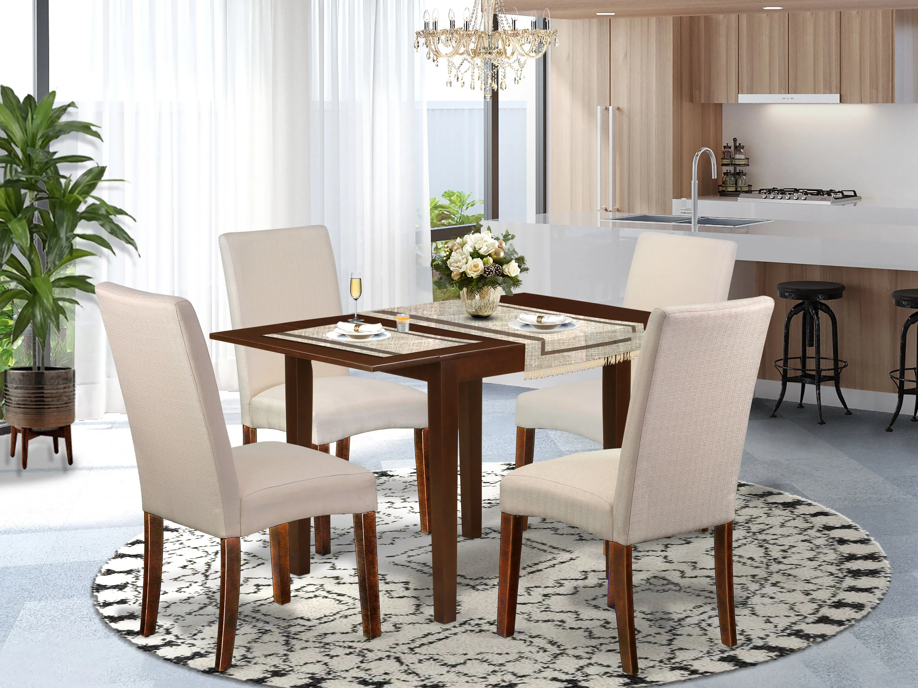 East West Furniture NDDR5-MAH-01 5 Piece Kitchen Table & Chairs Set Includes a Rectangle Dining Room Table with Dropleaf and 4 Cream Linen Fabric Parsons Chairs, 30x48 Inch, Mahogany