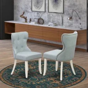 East West Furniture SIP2T15 Sion Parson Kitchen Chairs - Button Tufted Nailhead Trim Baby Blue Linen Fabric Upholstered Dining Chairs, Set of 2, Linen White