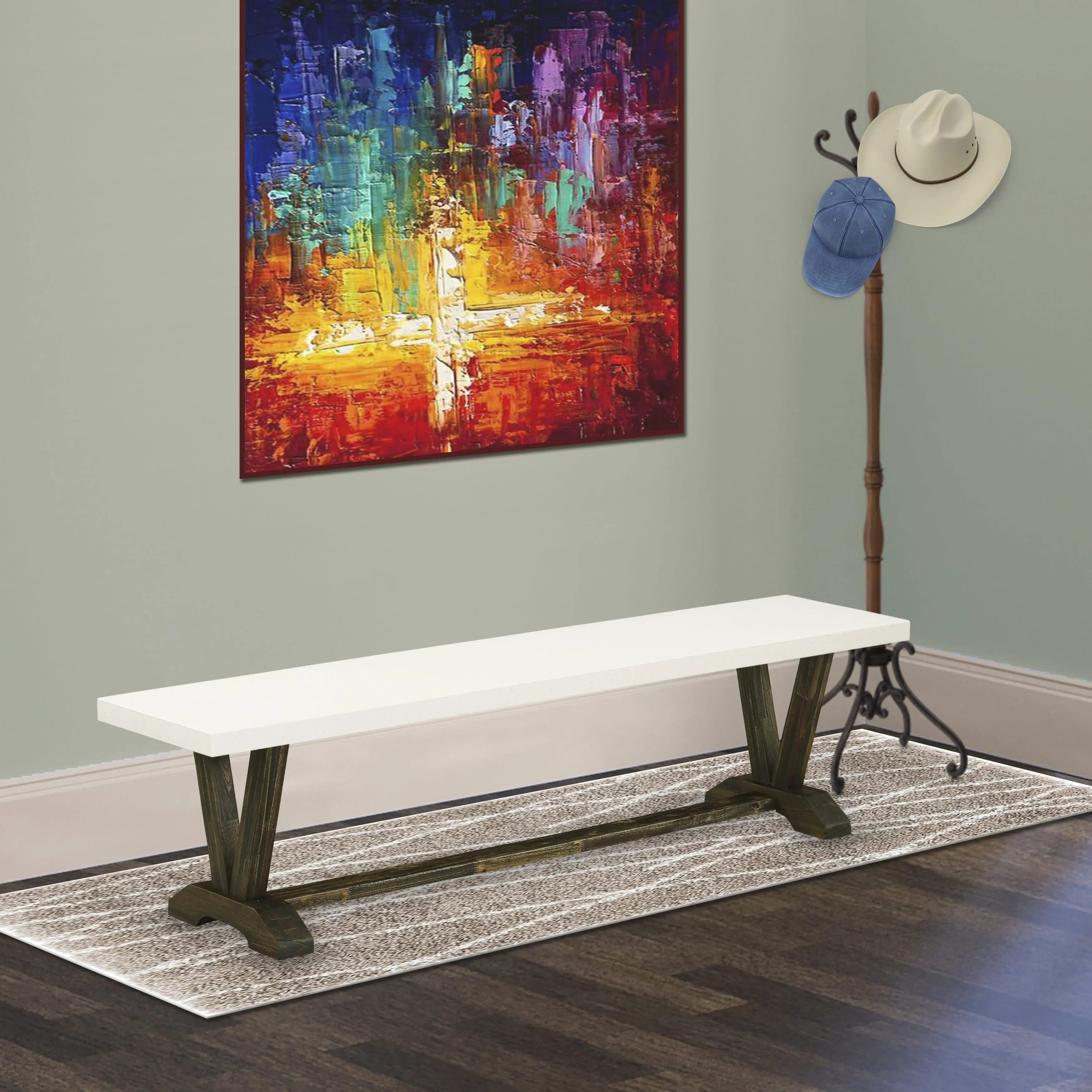 East West Furniture V727MZN32-6 6 Piece Dining Set Contains a Rectangle Dining Room Table with V-Legs and 4 Light Beige Linen Fabric Parson Chairs with a Bench