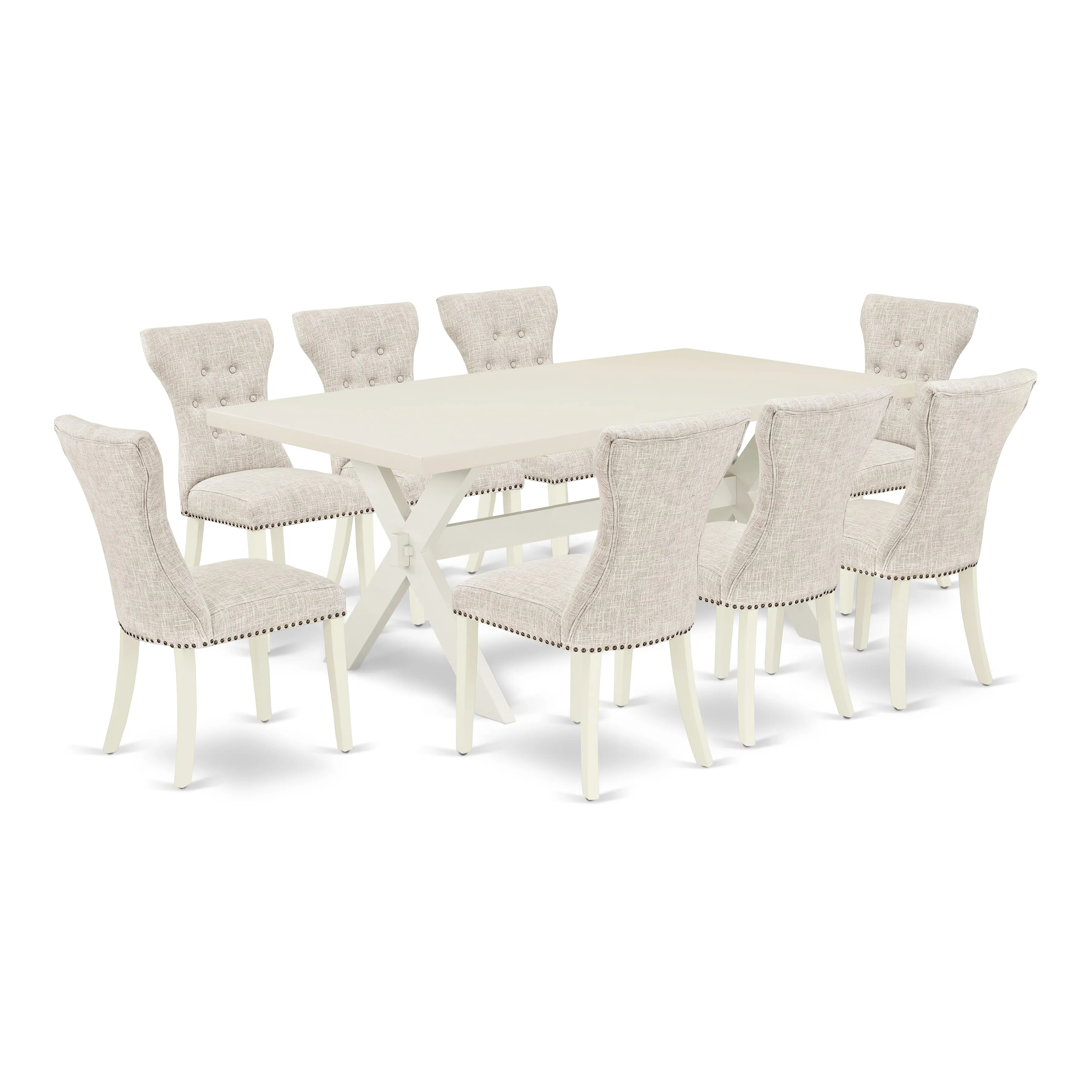 East West Furniture X027GA235-9 9 Piece Dining Set Includes a Rectangle Dining Room Table with X-Legs and 8 Doeskin Linen Fabric Upholstered Parson Chairs