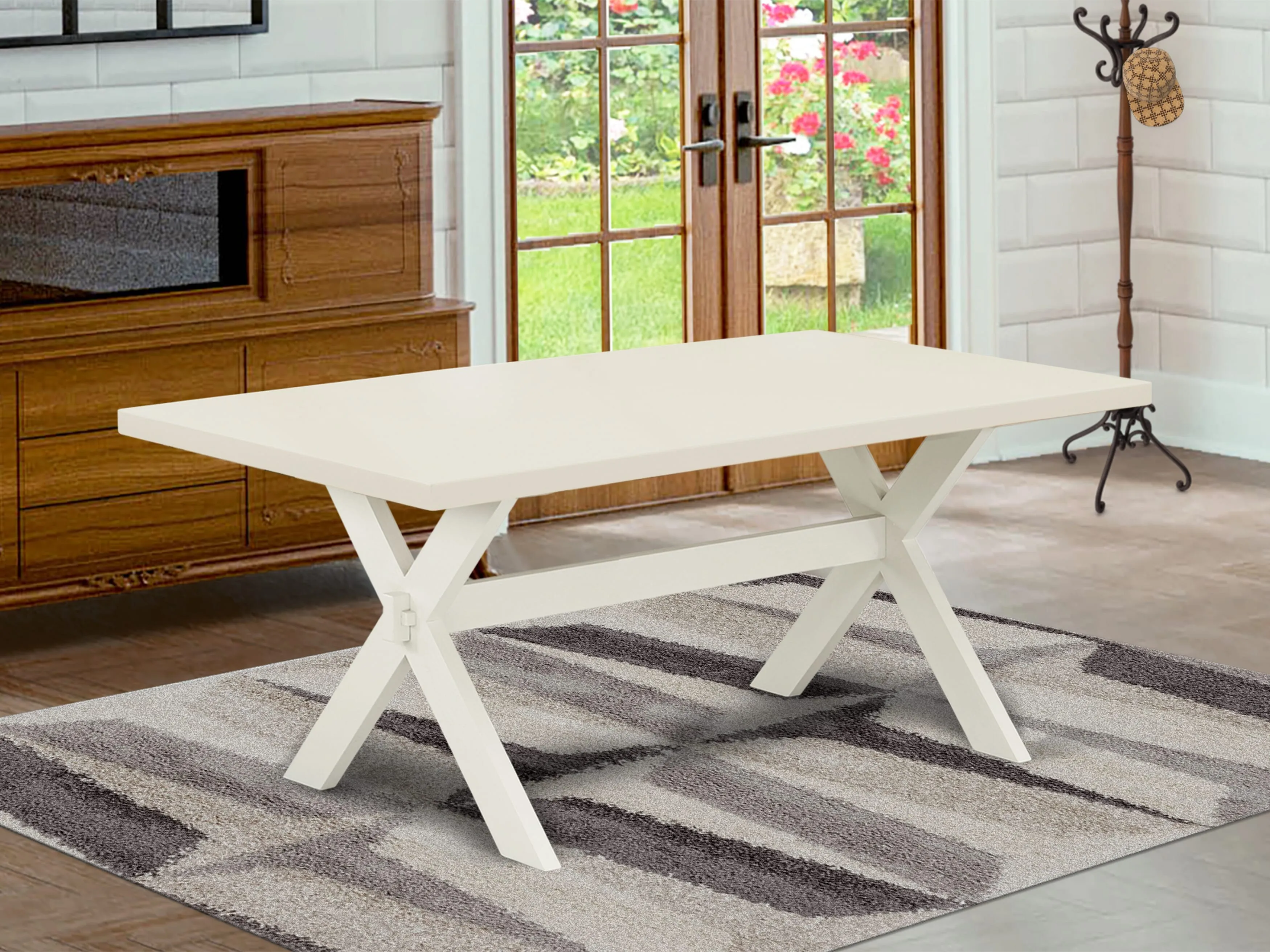 East West Furniture X027GA235-9 9 Piece Dining Set Includes a Rectangle Dining Room Table with X-Legs and 8 Doeskin Linen Fabric Upholstered Parson Chairs
