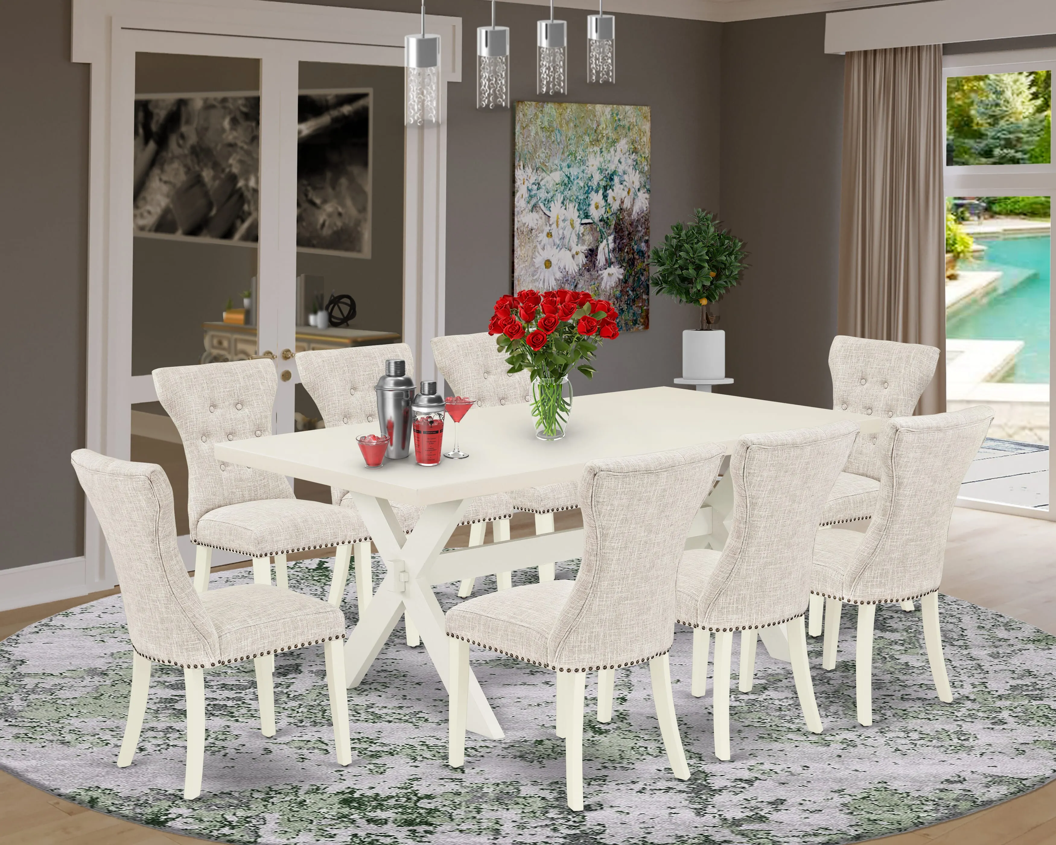East West Furniture X027GA235-9 9 Piece Dining Set Includes a Rectangle Dining Room Table with X-Legs and 8 Doeskin Linen Fabric Upholstered Parson Chairs