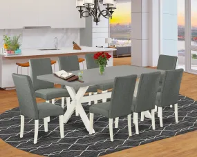 East West Furniture X097DR207-9 9 Piece Dining Table Set Includes a Rectangle Dining Room Table with X-Legs and 8 Gray Linen Fabric Upholstered Parson Chairs, 40x72 Inch, Multi-Color