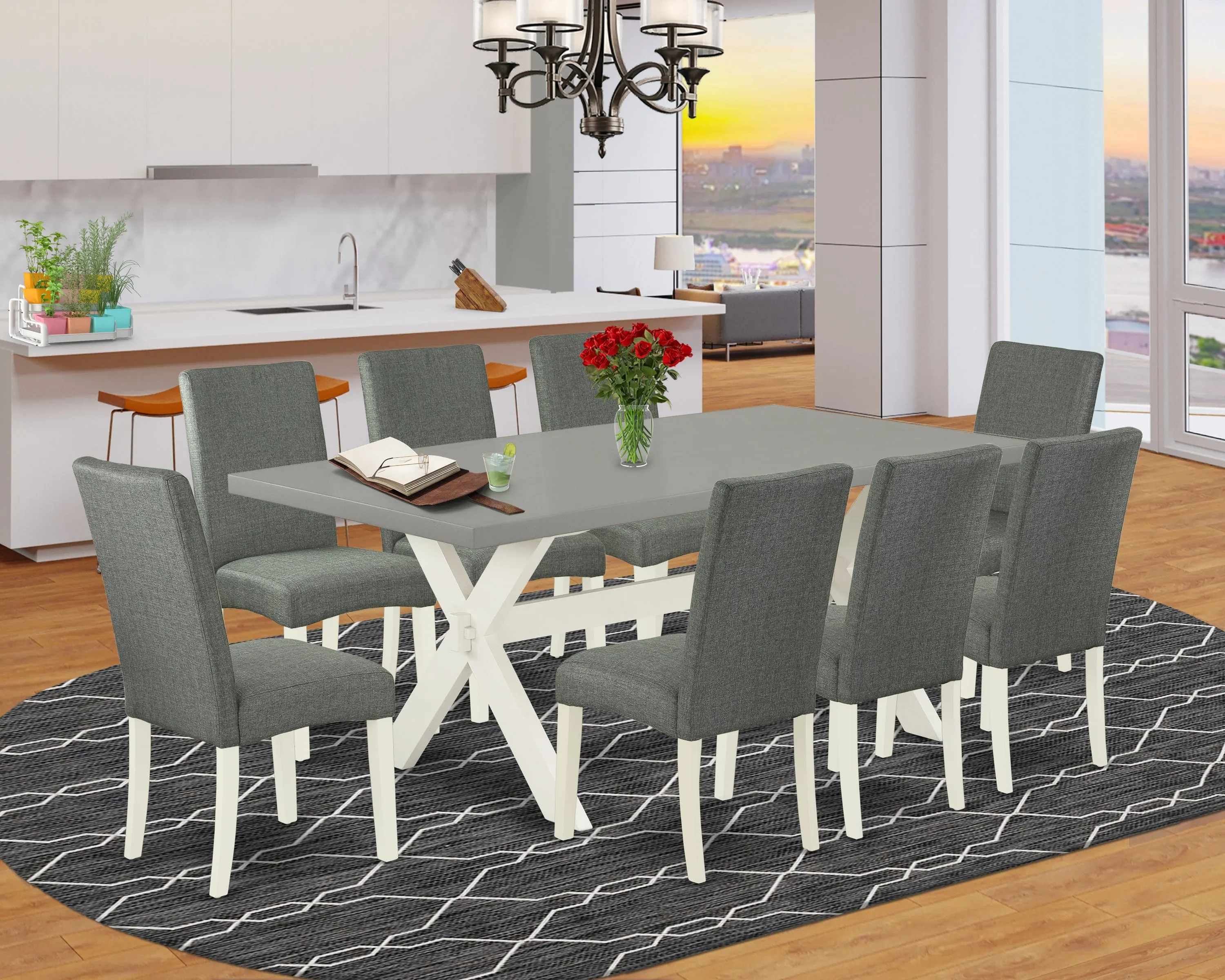 East West Furniture X097DR207-9 9 Piece Dining Table Set Includes a Rectangle Dining Room Table with X-Legs and 8 Gray Linen Fabric Upholstered Parson Chairs, 40x72 Inch, Multi-Color