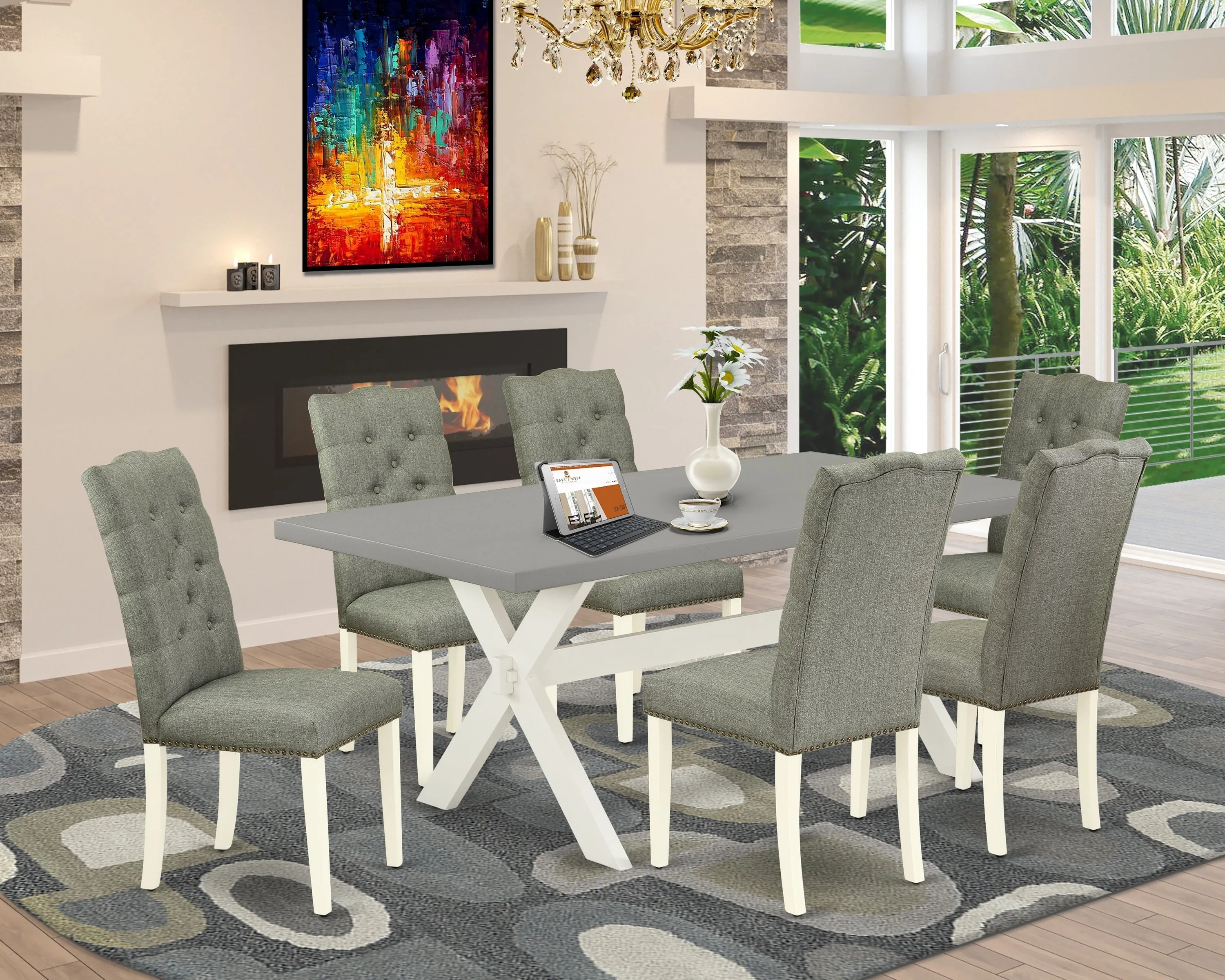 East West Furniture X097EL207-7 7 Piece Dining Room Table Set Consist of a Rectangle Kitchen Table with X-Legs and 6 Gray Linen Fabric Parson Dining Chairs, 40x72 Inch, Multi-Color