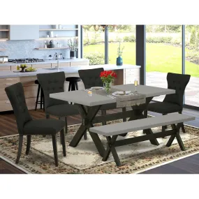 East West Furniture X696GA124-6 6 Piece Modern Dining Table Set Contains a Rectangle Wooden Table with X-Legs and 4 Black Linen Fabric Parson Chairs with a Bench, 36x60 Inch, Multi-Color