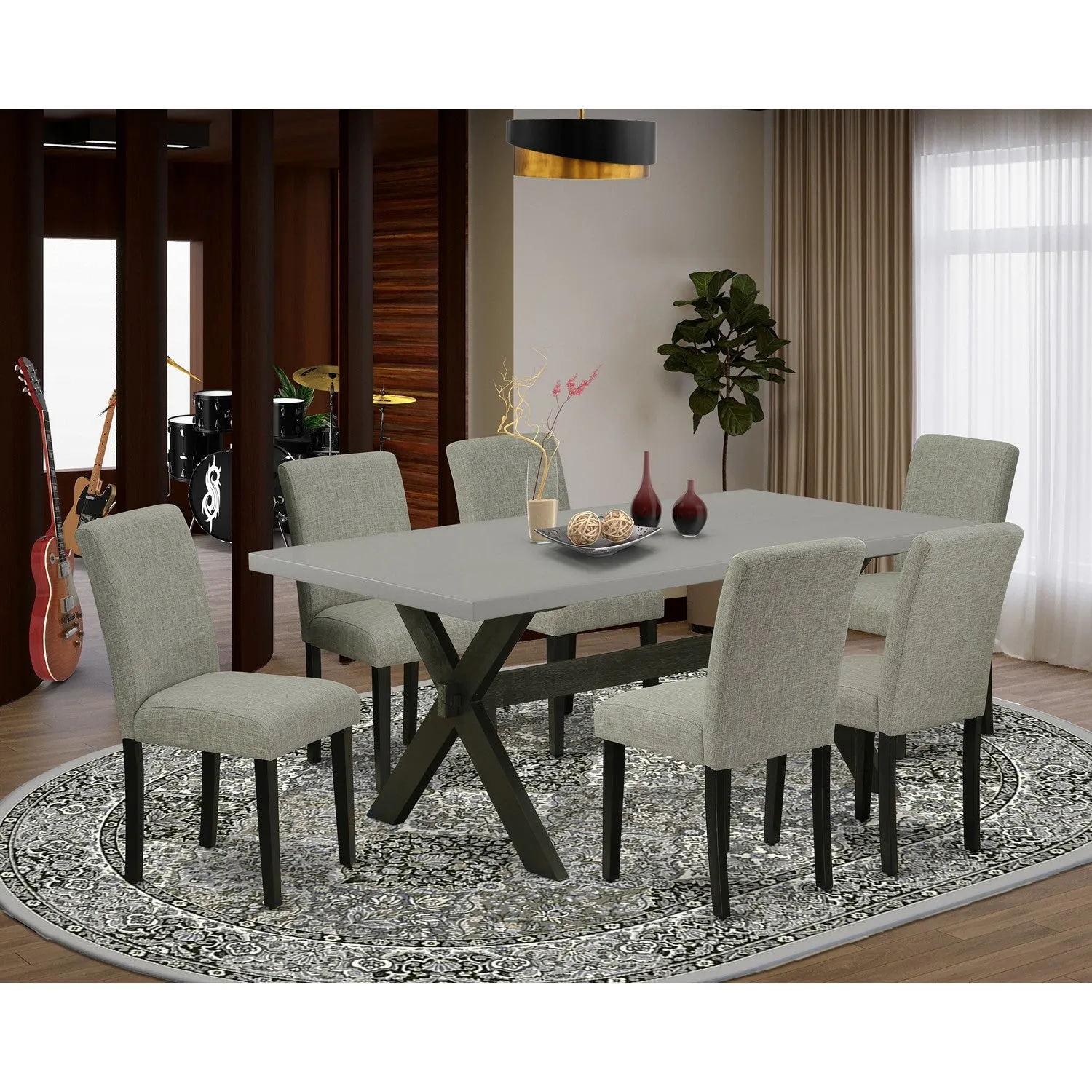 East West Furniture X697AB106-7 7 Piece Kitchen Table Set Consist of a Rectangle Dining Table with X-Legs and 6 Shitake Linen Fabric Parson Dining Chairs, 40x72 Inch, Multi-Color