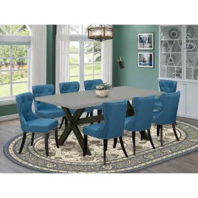 East West Furniture X697SI121-9 9 Piece Dining Table Set Includes a Rectangle Dining Room Table with X-Legs and 8 Blue Linen Fabric Upholstered Parson Chairs, 40x72 Inch, Multi-Color