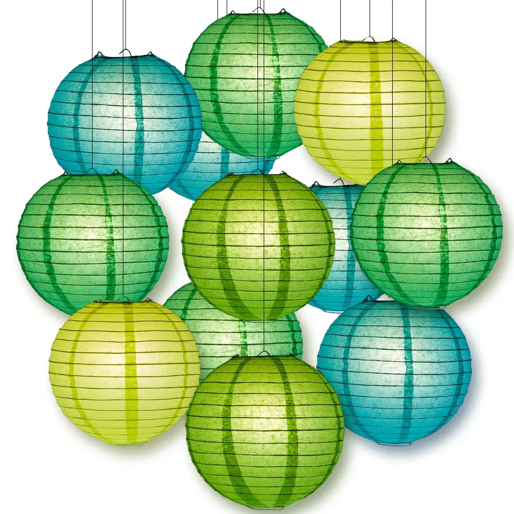 Greenery Color Party Pack Parallel Ribbed Paper Lantern Combo Set (12 pc Set)