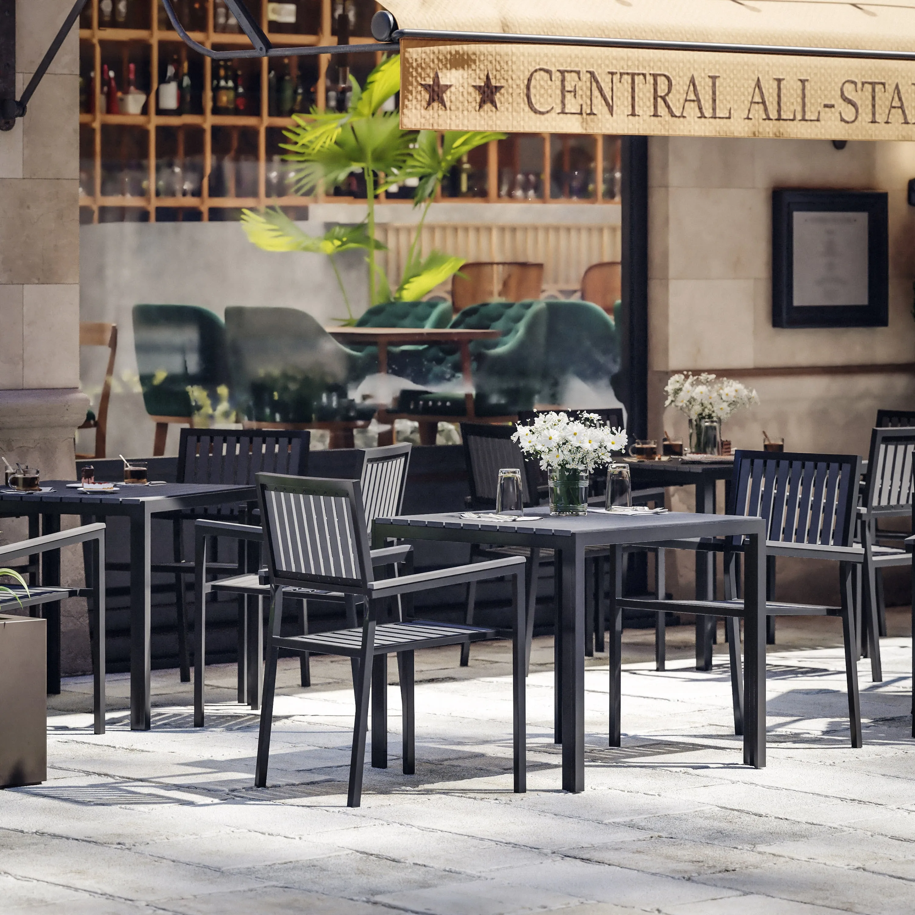 Harris Commercial 5 Piece Indoor-Outdoor Table and Chairs, Square Table with Poly Resin Top, 4 Metal Chairs with Poly Resin Backs & Seats