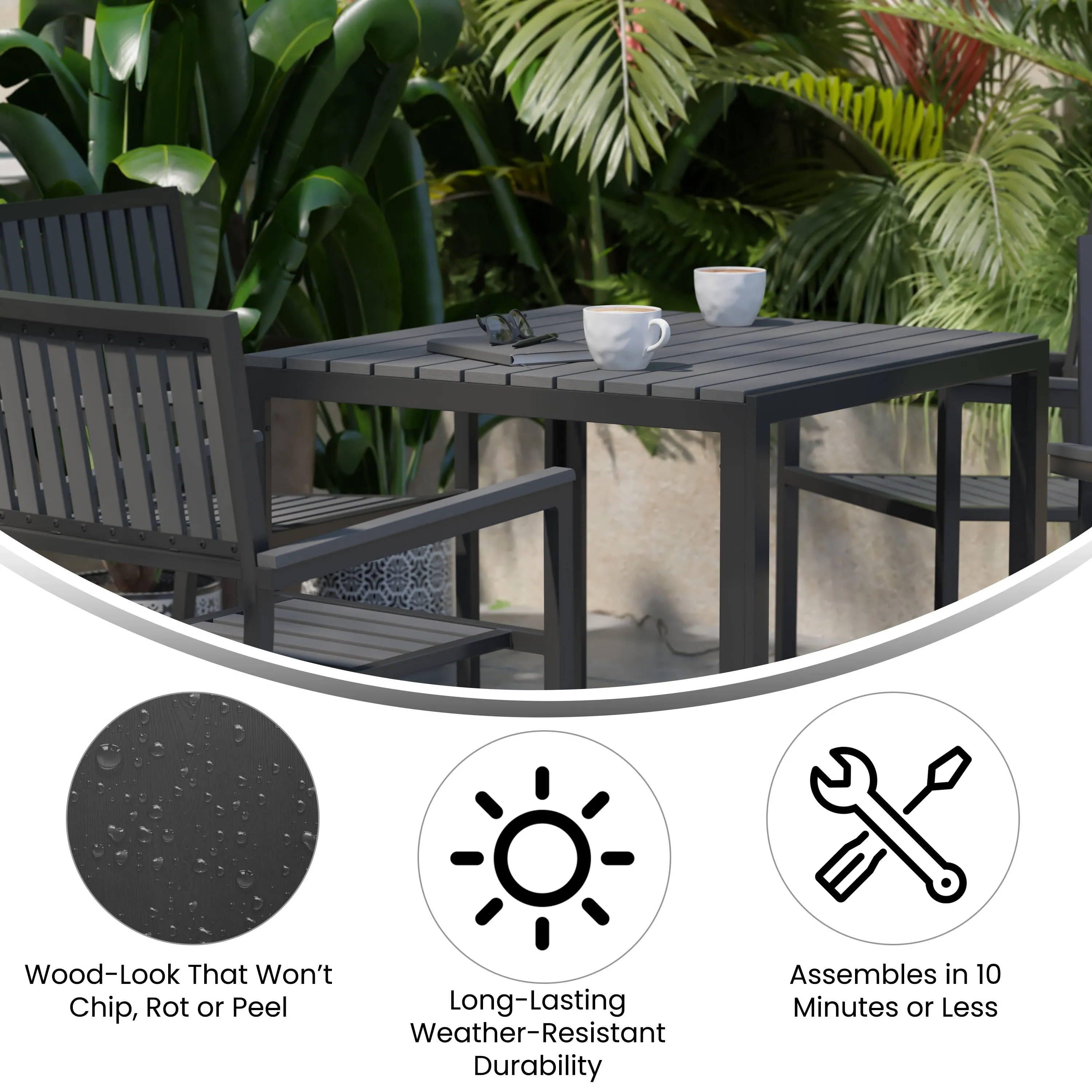 Harris Commercial 5 Piece Indoor-Outdoor Table and Chairs, Square Table with Poly Resin Top, 4 Metal Chairs with Poly Resin Backs & Seats