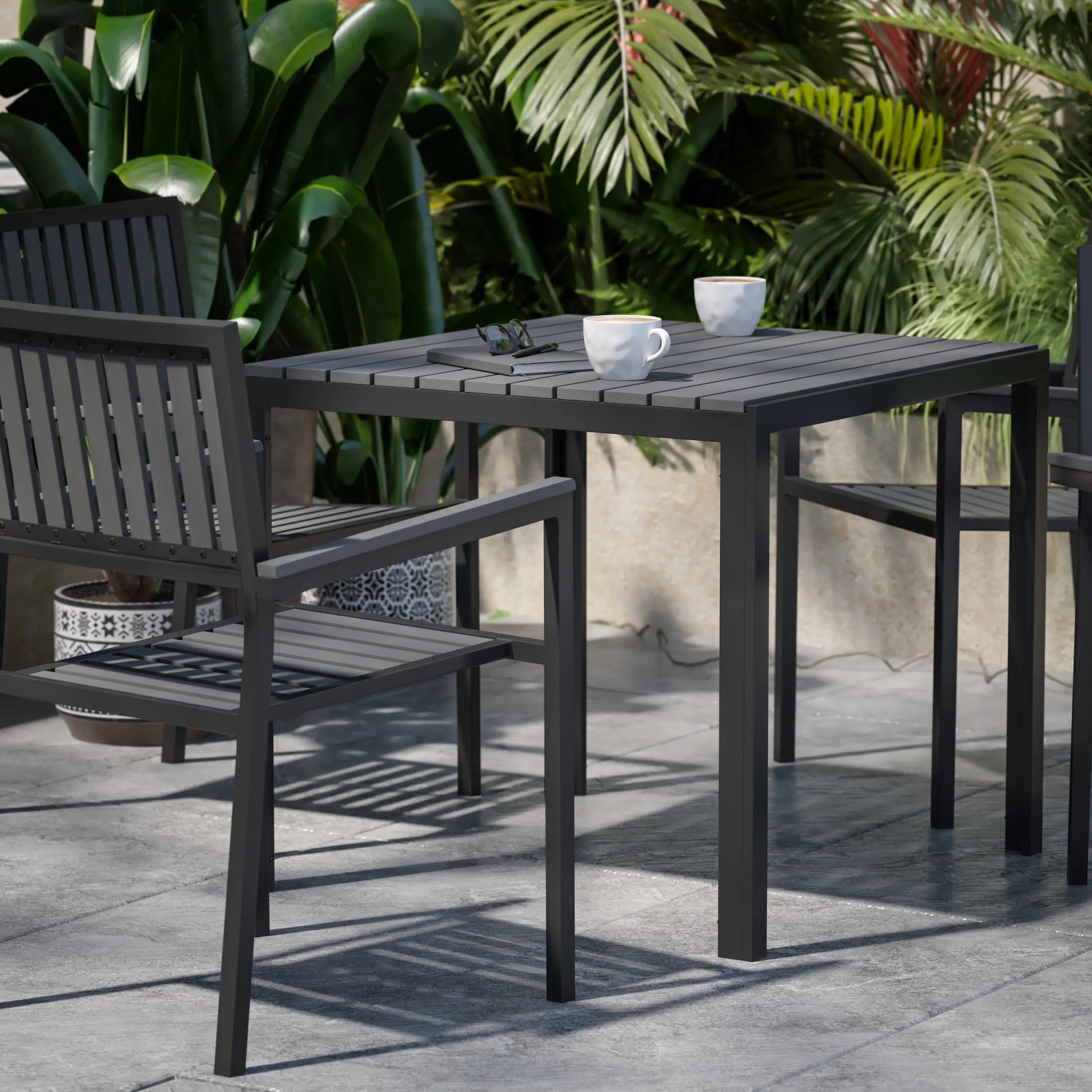Harris Commercial 5 Piece Indoor-Outdoor Table and Chairs, Square Table with Poly Resin Top, 4 Metal Chairs with Poly Resin Backs & Seats
