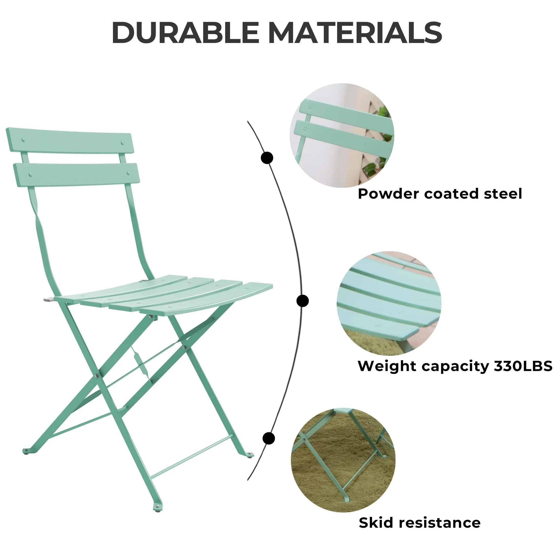 Metal 3-Piece Folding Bistro Table and Chairs Set, Outdoor Patio Dining Furniture for Small Spaces, Balcony, Mint Green